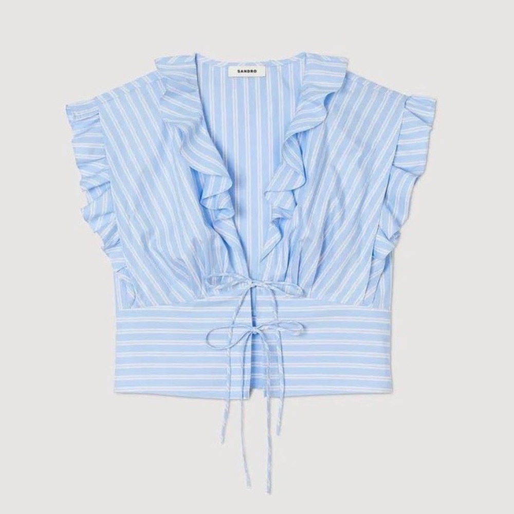 Sandro Striped Cotton Poplin Ruffled Crop Top Blue Size M
